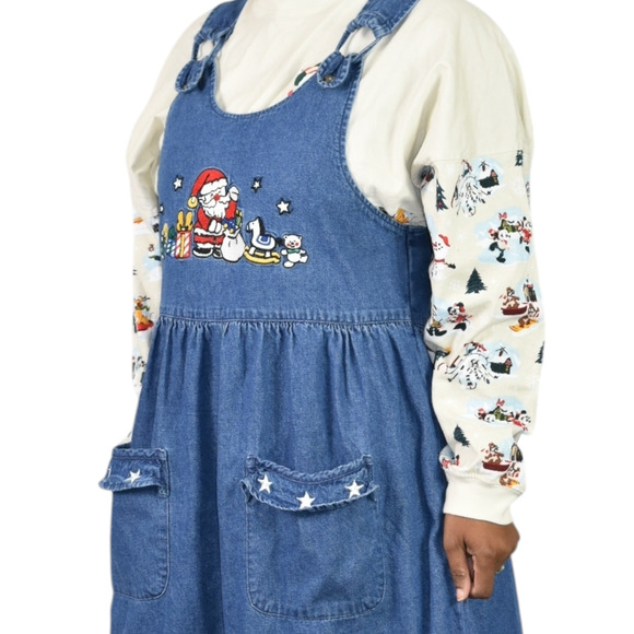 Vintage Christmas Dress Blue Jean Pinafore Bib Overall Jumper Santa Maxi Small - Picture 5 of 13